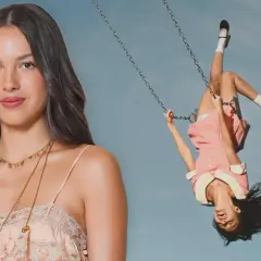 Olivia Rodrigo na pierwszym planie i jej odbicie huśtające się do góry nogami na drugim.