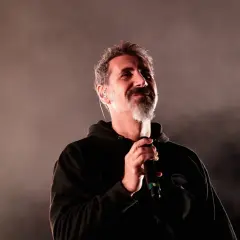 Serj Tankian z System of a Down na koncercie, trzyma mikrofon, w tle mgła i światło.