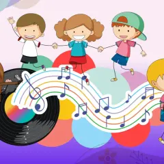 Dzieci tańczą i grają na instrumentach na tle kolorowych nut i płyty winylowej.