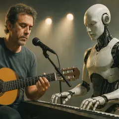 Człowiek gra na gitarze, a robot na keyboardzie, przed mikrofonem.
