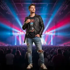 Mężczyzna w skórzanej kurtce i podartych jeansach na tle koncertowej sceny z tłumem.