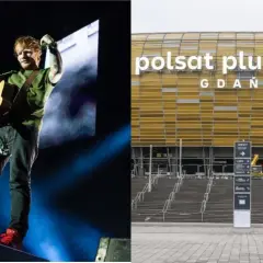 Ed Sheeran na koncercie z gitarą i Polsat Plus Arena Gdańsk.