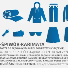 Ikony przedstawiające przedmioty potrzebne na festiwal: namiot, śpiwór, ubrania, kosmetyki, jedzenie.