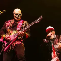 Muzyk w masce czaszki gra na różowej gitarze, wokalista w czapce śpiewa na scenie podczas impact festival.