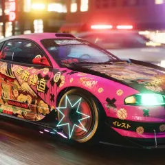 Różowy sportowy samochód z japońskimi motywami anime i neonowymi felgami, pędzący nocą. Oki, need for speed!