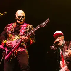 Muzyk w masce czaszki gra na różowej gitarze, a wokalista w czapce śpiewa na koncercie Limp Bizkit.