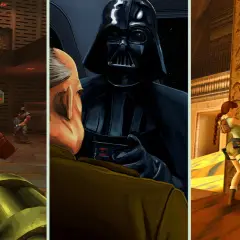Trzy sceny z gier: potwór z Quake, Darth Vader i Lara Croft. Czy to remaster co to?