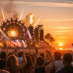 Tłum ludzi na plaży podczas festiwalu muzycznego. Spektakularna scena z płomieniami i światłami, zachód słońca tworzy magiczną atmosferę. Idealny sunrise line-up.