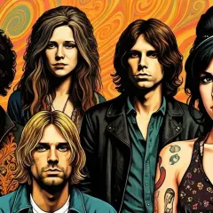 Portret zbiorowy muzyków Klubu 27: Hendrix, Joplin, Morrison, Cobain, Winehouse na psychodelicznym tle.