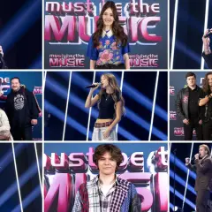 Kolaż zdjęć z programu "Must Be the Music" - wykonawcy śpiewający i pozujący na scenie.