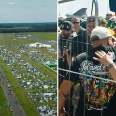 Widok z lotu ptaka na pole namiotowe festiwalu czaplinek woodstock. Tłum ludzi przy płocie, radość i bliskość.