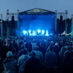 Koncert na festiwalu w Cytadeli, tłum ludzi przed sceną oświetloną niebieskim światłem.