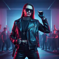 Kobieta w skórzanej kurtce i okularach przeciwsłonecznych na tle tłumu na imprezie techno.