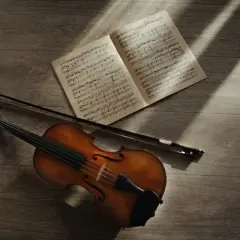 Skrzypce i nuty na drewnianym tle, oświetlone promieniami słońca.