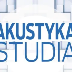 Akustyka studia: co to znaczy akustyczny? Tło z białych sześcianów i niebieski napis.
