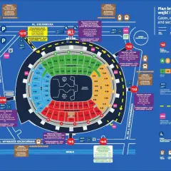 Plan stadionu z sektorami, wejściami i informacjami o biletach.