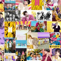 Kpopowe grafiki z BTS, pytania czy kpop jest zły, kolorowe zdjęcia, motyle i żółte kwiaty.