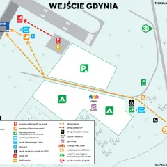 Mapa terenu festiwalu Open'er z zaznaczonymi wejściami, parkingami, scenami i strefami.