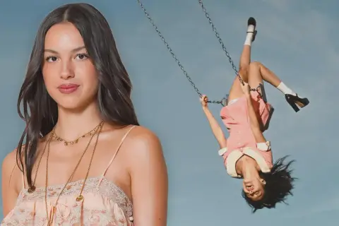 Olivia Rodrigo na pierwszym planie i jej odbicie huśtające się do góry nogami na drugim.