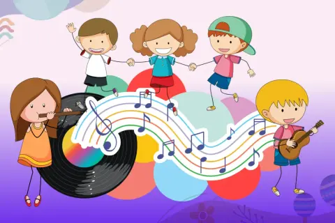 Dzieci tańczą i grają na instrumentach na tle kolorowych nut i płyty winylowej.