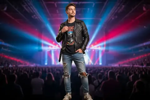 Mężczyzna w skórzanej kurtce i podartych jeansach na tle koncertowej sceny z tłumem.