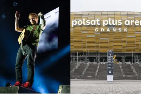 Ed Sheeran na koncercie z gitarą i Polsat Plus Arena Gdańsk.