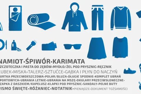 Ikony przedstawiające przedmioty potrzebne na festiwal: namiot, śpiwór, ubrania, kosmetyki, jedzenie.