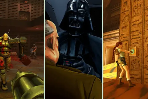 Trzy sceny z gier: potwór z Quake, Darth Vader i Lara Croft. Czy to remaster co to?