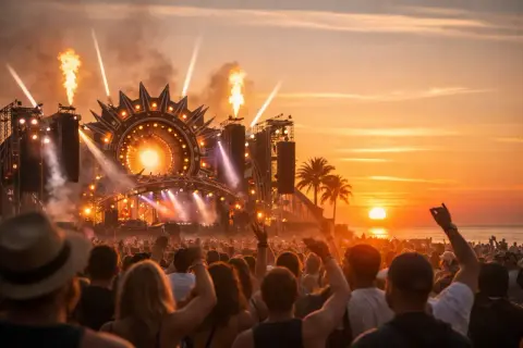 Tłum ludzi na plaży podczas festiwalu muzycznego. Spektakularna scena z płomieniami i światłami, zachód słońca tworzy magiczną atmosferę. Idealny sunrise line-up.