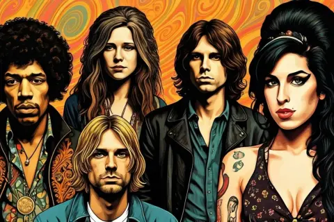 Portret zbiorowy muzyków Klubu 27: Hendrix, Joplin, Morrison, Cobain, Winehouse na psychodelicznym tle.