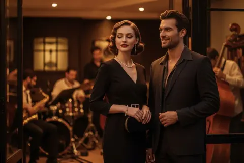 Elegancka para w strojach smart casual na tle zespołu jazzowego.