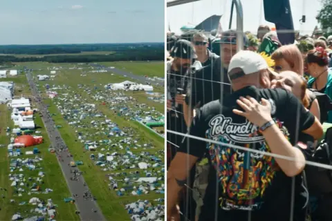 Widok z lotu ptaka na pole namiotowe festiwalu czaplinek woodstock. Tłum ludzi przy płocie, radość i bliskość.