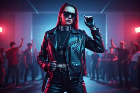 Kobieta w skórzanej kurtce i okularach przeciwsłonecznych na tle tłumu na imprezie techno.