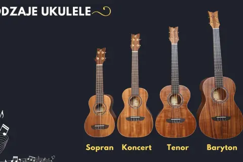 Cztery rodzaje ukulele: sopran, koncertowe, tenor i baryton, prezentowane od najmniejszego do największego.