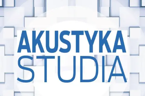 Akustyka studia: co to znaczy akustyczny? Tło z białych sześcianów i niebieski napis.