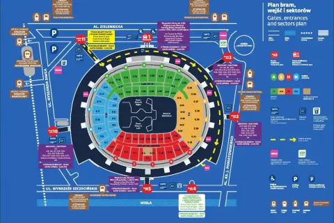 Plan stadionu z sektorami, wejściami i informacjami o biletach.