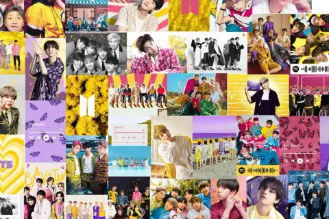 Kpopowe grafiki z BTS, pytania czy kpop jest zły, kolorowe zdjęcia, motyle i żółte kwiaty.