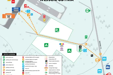 Mapa terenu festiwalu Open'er z zaznaczonymi wejściami, parkingami, scenami i strefami.