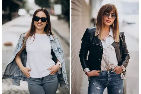 Dwie kobiety w stylizacjach na koncert rockowy: jedna w jeansowej kurtce, druga w skórzanej.