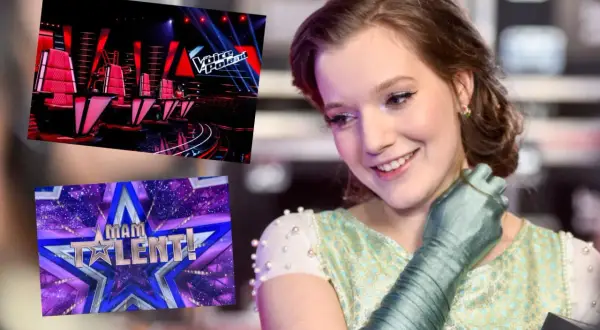 Uśmiechnięta sanah na tle logotypów "The Voice of Poland" i "Mam Talent".