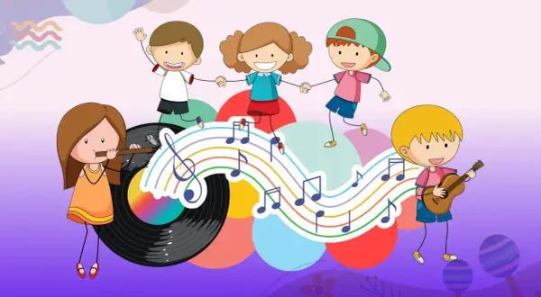 Dzieci tańczą i grają na instrumentach na tle kolorowych nut i płyty winylowej.