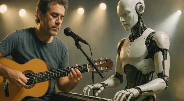 Człowiek gra na gitarze, a robot na keyboardzie, przed mikrofonem.
