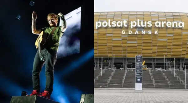Ed Sheeran na koncercie z gitarą i Polsat Plus Arena Gdańsk.