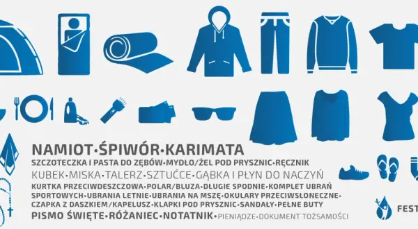 Ikony przedstawiające przedmioty potrzebne na festiwal: namiot, śpiwór, ubrania, kosmetyki, jedzenie.