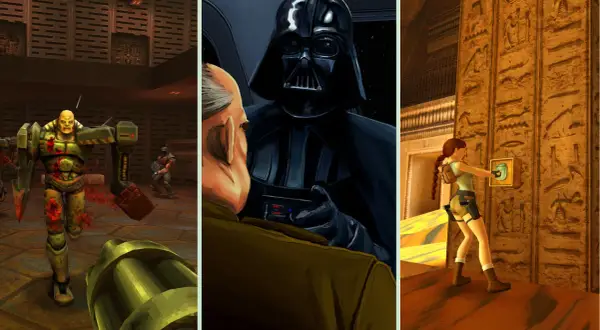 Trzy sceny z gier: potwór z Quake, Darth Vader i Lara Croft. Czy to remaster co to?