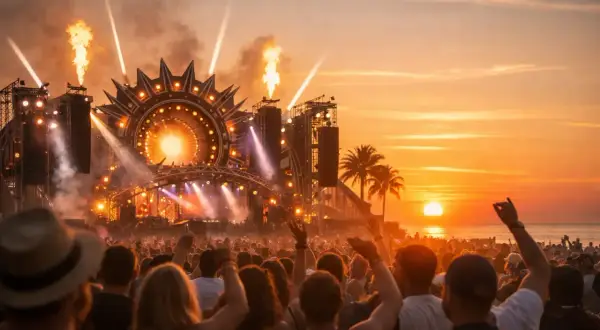 Tłum ludzi na plaży podczas festiwalu muzycznego. Spektakularna scena z płomieniami i światłami, zachód słońca tworzy magiczną atmosferę. Idealny sunrise line-up.