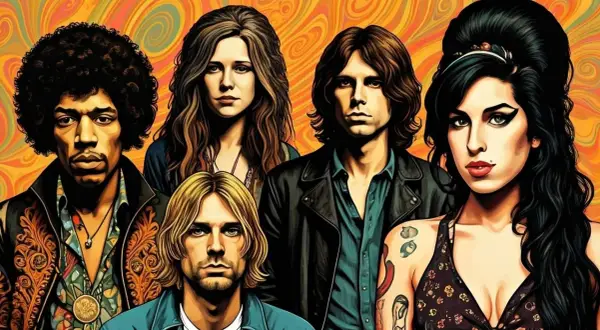 Portret zbiorowy muzyków Klubu 27: Hendrix, Joplin, Morrison, Cobain, Winehouse na psychodelicznym tle.