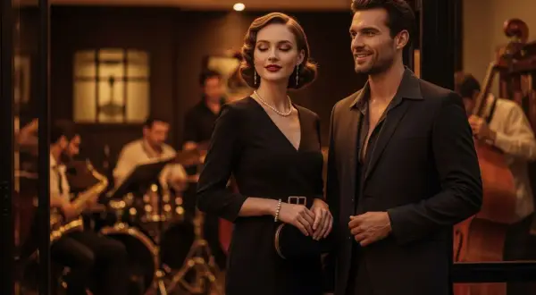 Elegancka para w strojach smart casual na tle zespołu jazzowego.