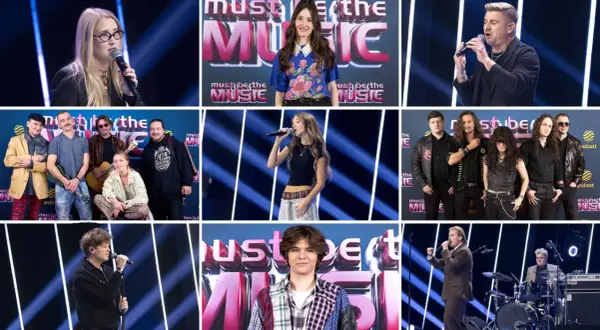 Kolaż zdjęć z programu "Must Be the Music" - wykonawcy śpiewający i pozujący na scenie.