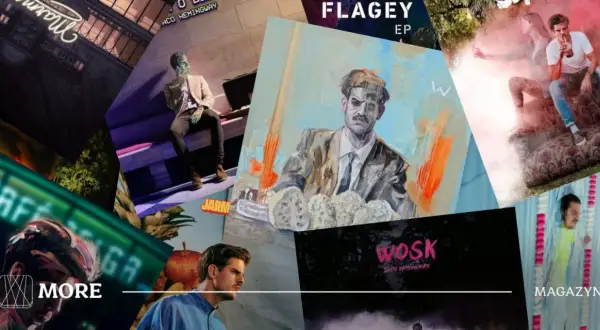 Kolaż okładek płyt, w tym "Wosk" Taco Hemingwaya, z elementami nawiązującymi do sztuki i życia, jakby ktoś jadł gelato.